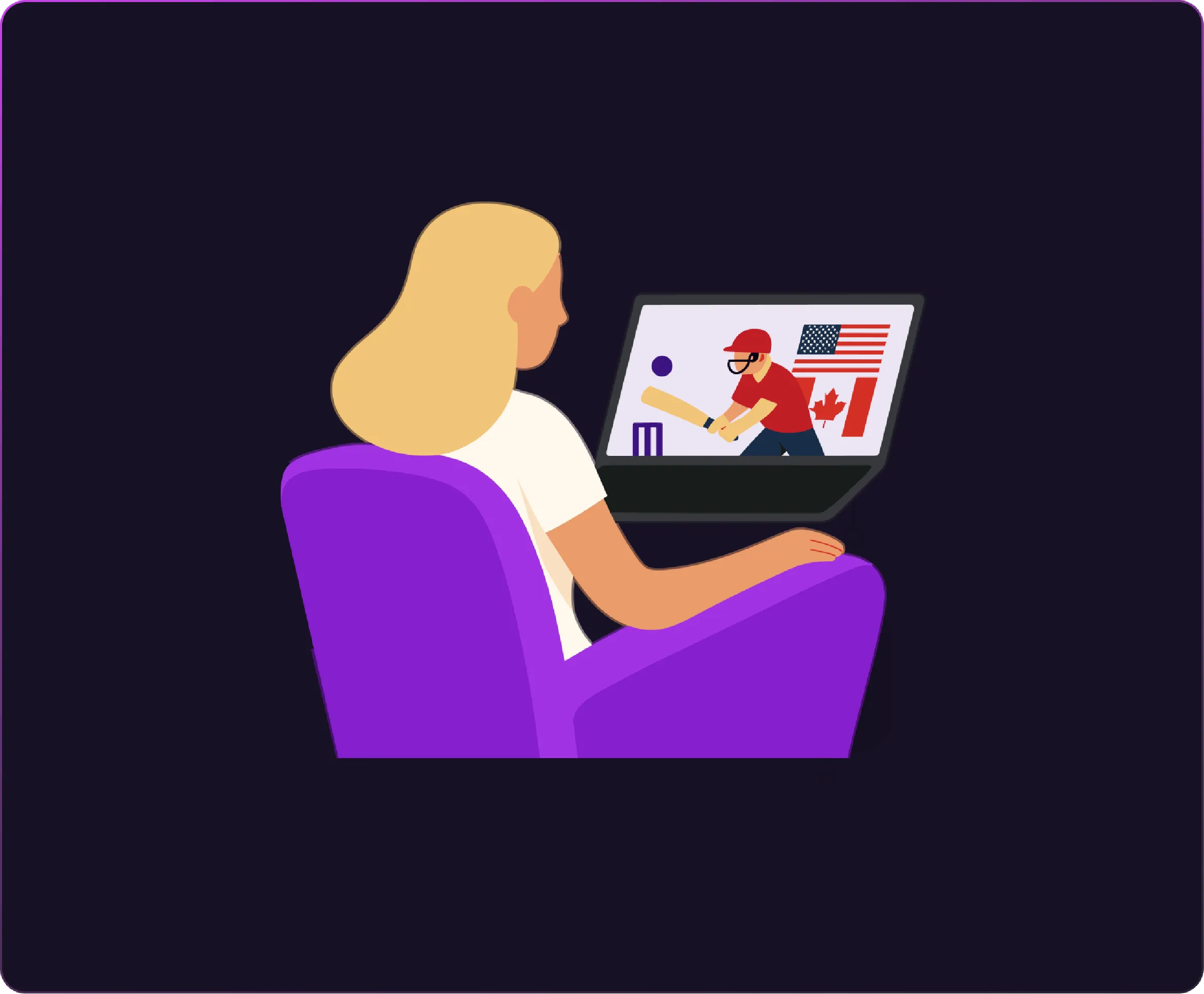 Illustration of a woman watching a cricket match on a laptop, showing a batter with a cricket bat and wicket, alongside USA and Canada flags, symbolizing cricket streaming in North America.